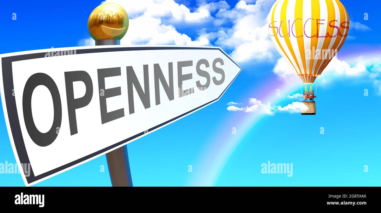 Openness leads to success - shown as a sign with a phrase Openness pointing at balloon in the sky with clouds to symbolize the meaning of Openness, 3d Stock Photo - Alamy